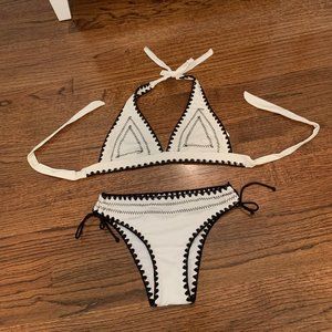 White and Black Embroidered triangle bikini set